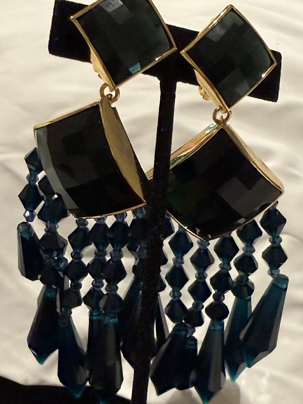 Balman For H&M Gold-Trim Teal Faceted Chandelier Earrings - Women Jewelry